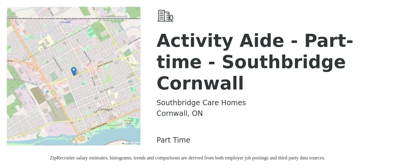 Southbridge Care Homes job posting for a Activity Aide - Part-time - Southbridge Cornwall in Cornwall, ON with a map of Cornwall location.