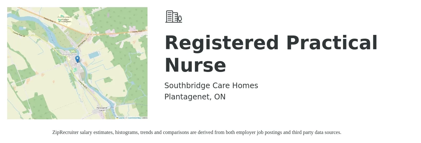 Southbridge Care Homes job posting for a Registered Practical Nurse in Plantagenet, ON with a map of Plantagenet location.