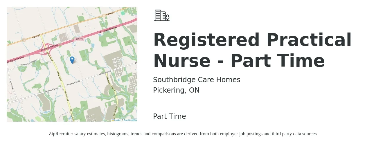 Southbridge Care Homes job posting for a Registered Practical Nurse - Part Time in Pickering, ON with a map of Pickering location.