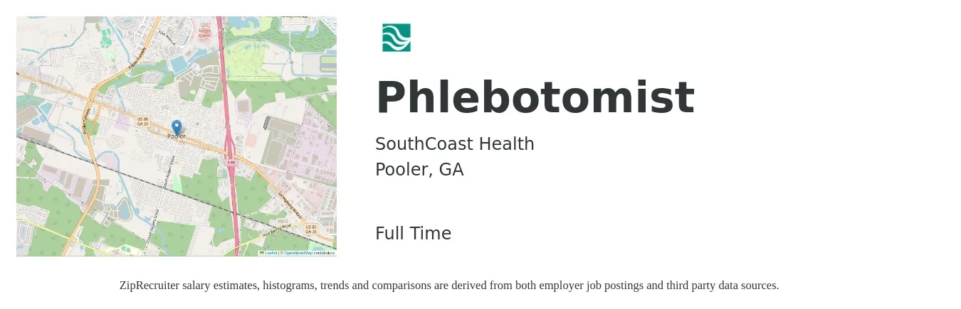SouthCoast Health job posting for a Phlebotomist in Pooler, GA with a salary of $16 to $19 Hourly with a map of Pooler location.