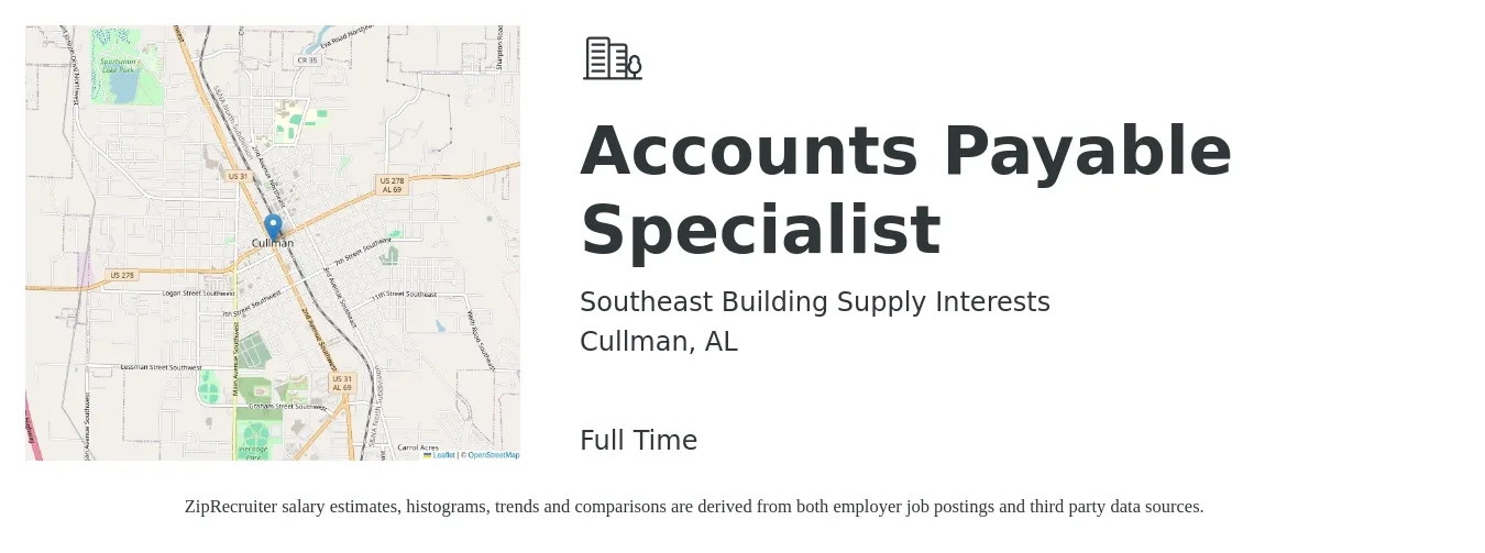 Southeast Building Supply Interests job posting for a Accounts Payable Specialist in Cullman, AL with a salary of $19 to $24 Hourly with a map of Cullman location.