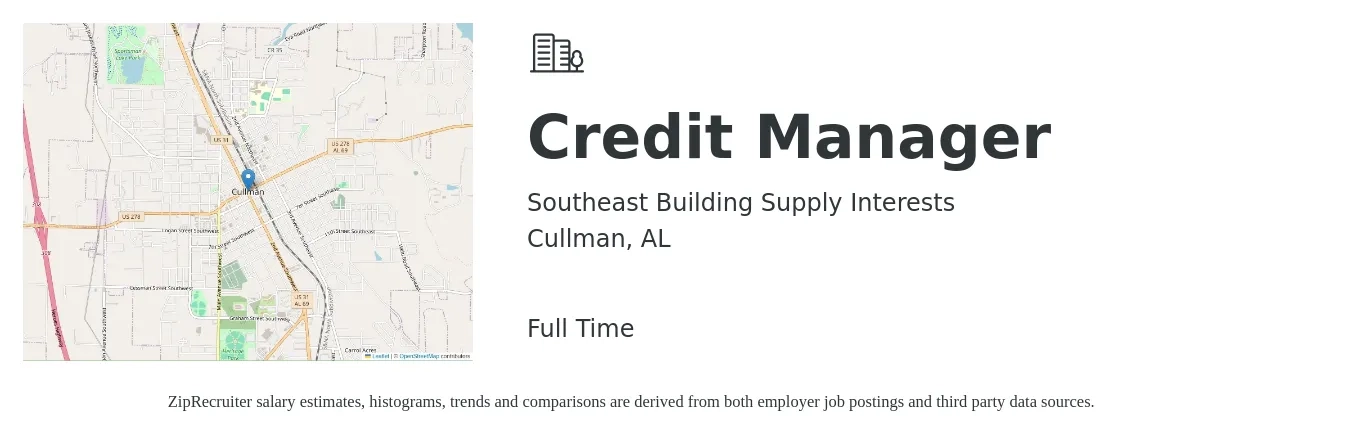 Southeast Building Supply Interests job posting for a Credit Manager in Cullman, AL with a salary of $31,800 to $81,600 Yearly with a map of Cullman location.