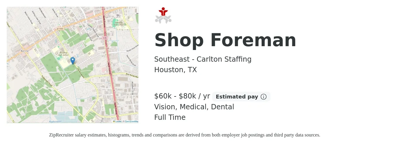 Southeast - Carlton Staffing job posting for a Shop Foreman in Houston, TX with a salary of $60,000 to $80,000 Yearly and benefits including vision, dental, life_insurance, medical, pto, and retirement with a map of Houston location.