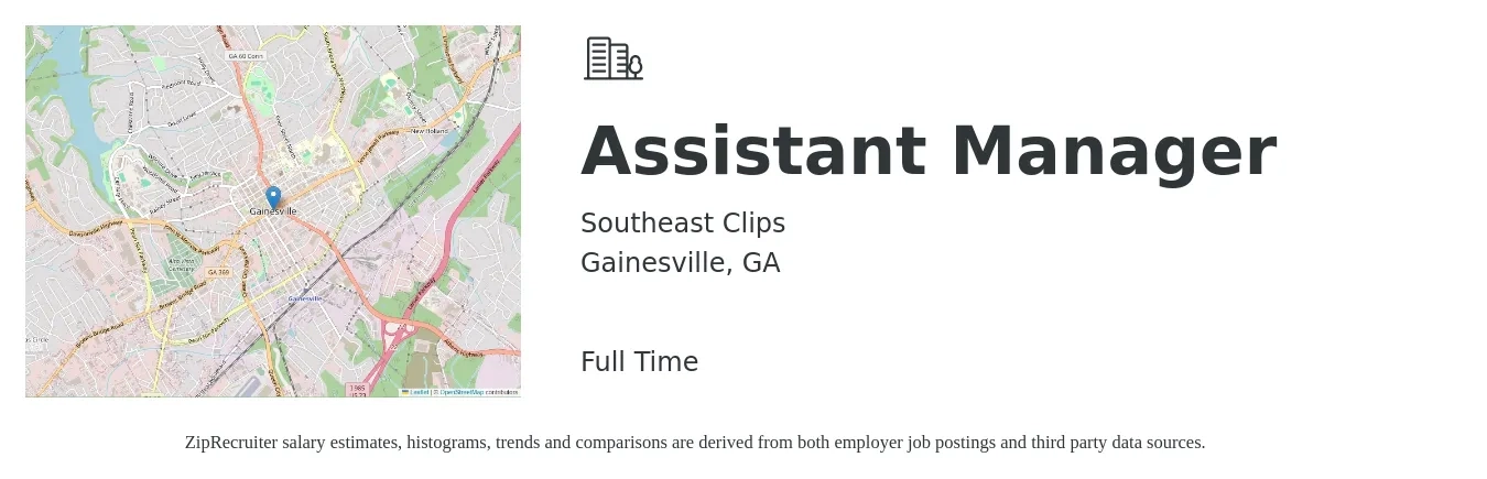 Southeast Clips job posting for a Assistant Manager in Gainesville, GA with a salary of $31 Hourly with a map of Gainesville location.