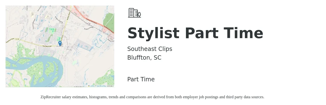 Southeast Clips job posting for a Stylist Part Time in Bluffton, SC with a salary of $31 Hourly with a map of Bluffton location.