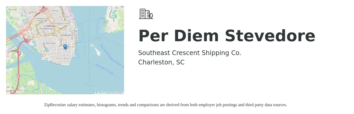 Southeast Crescent Shipping Co. job posting for a Per Diem Stevedore in Charleston, SC with a salary of $37,400 to $64,100 Yearly with a map of Charleston location.