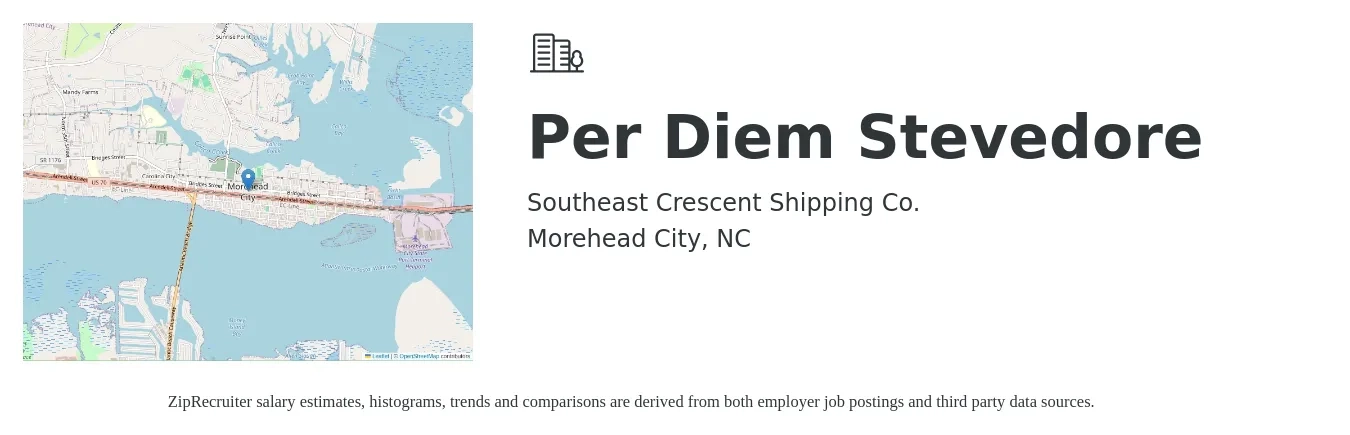 Southeast Crescent Shipping Co. job posting for a Per Diem Stevedore in Morehead City, NC with a salary of $36,600 to $62,700 Yearly with a map of Morehead City location.