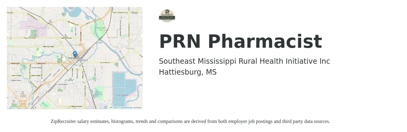 Southeast Mississippi Rural Health Initiative Inc job posting for a PRN Pharmacist in Hattiesburg, MS with a salary of $49 to $59 Hourly with a map of Hattiesburg location.