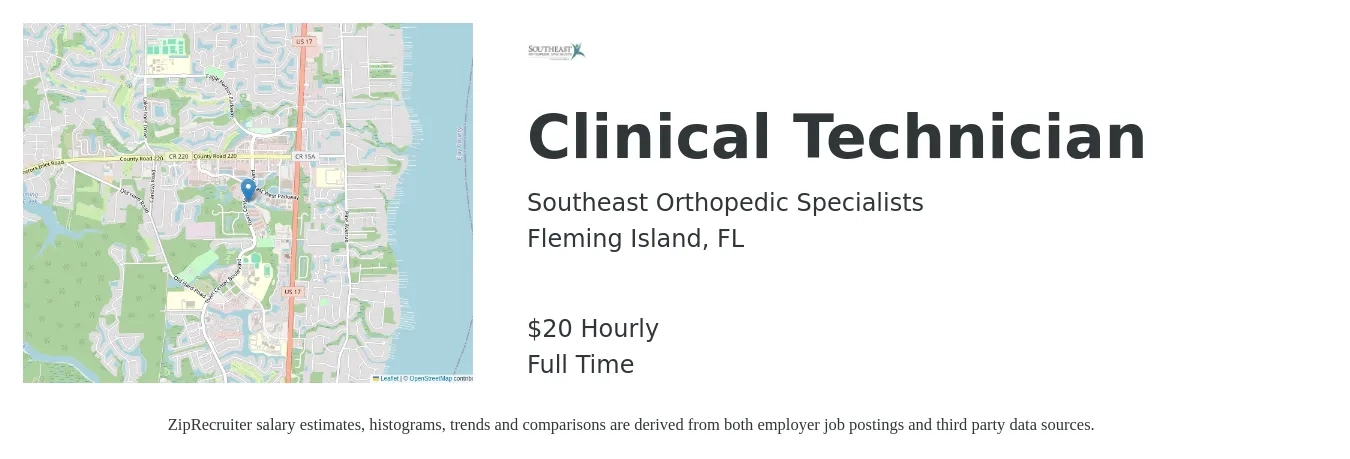 Southeast Orthopedic Specialists, Inc. job posting for a Clinical Technician in Fleming Island, FL with a salary of $21 Hourly with a map of Fleming Island location.