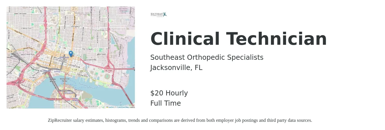 Southeast Orthopedic Specialists, Inc. job posting for a Clinical Technician in Jacksonville, FL with a salary of $21 Hourly with a map of Jacksonville location.