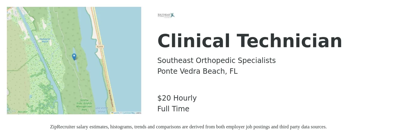 Southeast Orthopedic Specialists, Inc. job posting for a Clinical Technician in Ponte Vedra Beach, FL with a salary of $21 Hourly with a map of Ponte Vedra Beach location.