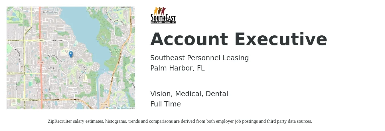 Southeast Personnel Leasing job posting for a Account Executive in Palm Harbor, FL with a salary of $47,600 to $83,700 Yearly and benefits including dental, life_insurance, medical, pto, retirement, and vision with a map of Palm Harbor location.