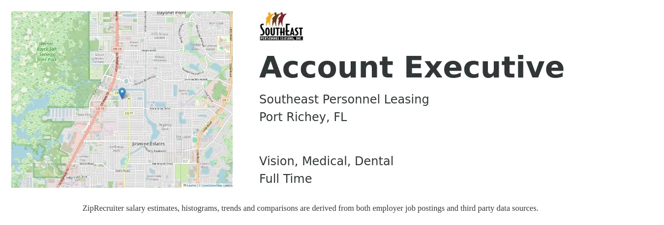 Southeast Personnel Leasing job posting for a Account Executive in Port Richey, FL with a salary of $47,900 to $84,200 Yearly and benefits including medical, pto, retirement, vision, dental, and life_insurance with a map of Port Richey location.