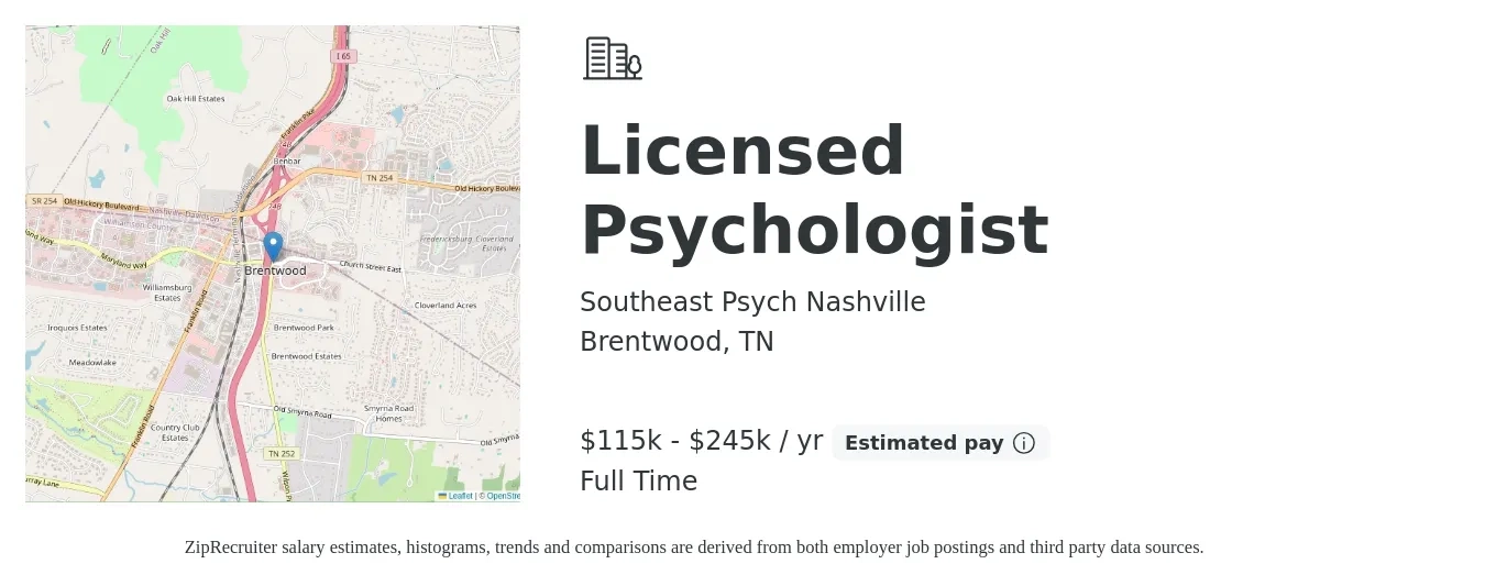 Southeast Psych Nashville job posting for a Licensed Psychologist in Brentwood, TN with a salary of $115,000 to $245,000 Yearly with a map of Brentwood location.