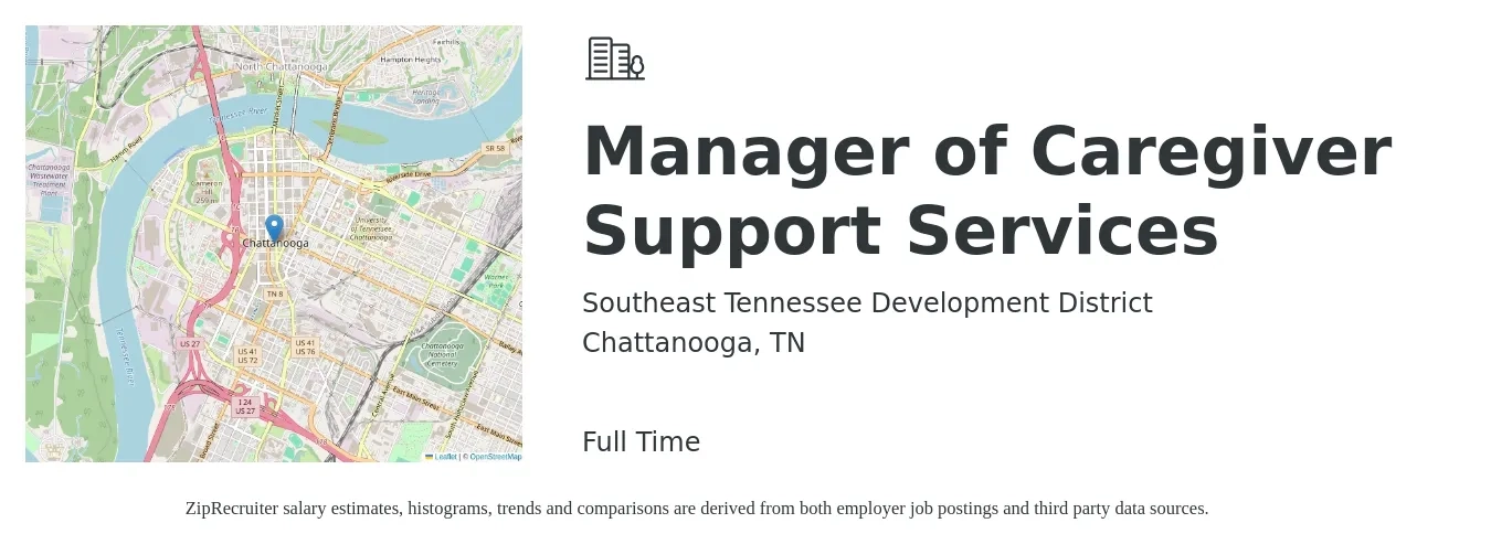 Southeast Tennessee Development District job posting for a Manager of Caregiver Support Services in Chattanooga, TN with a salary of $12 to $16 Hourly with a map of Chattanooga location.