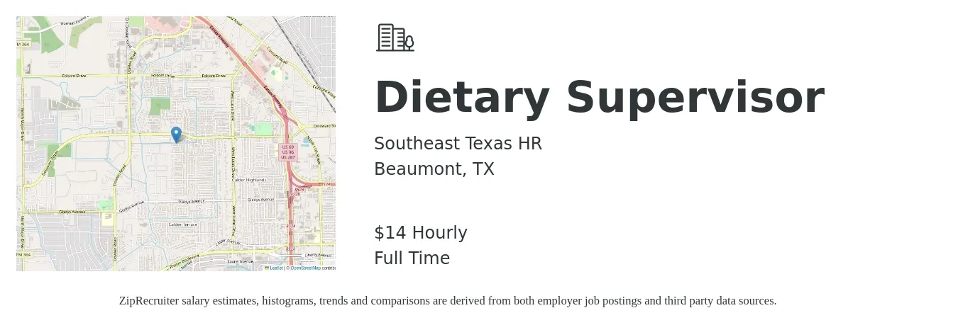 Southeast Texas HR job posting for a Dietary Supervisor in Beaumont, TX with a salary of $15 Hourly with a map of Beaumont location.