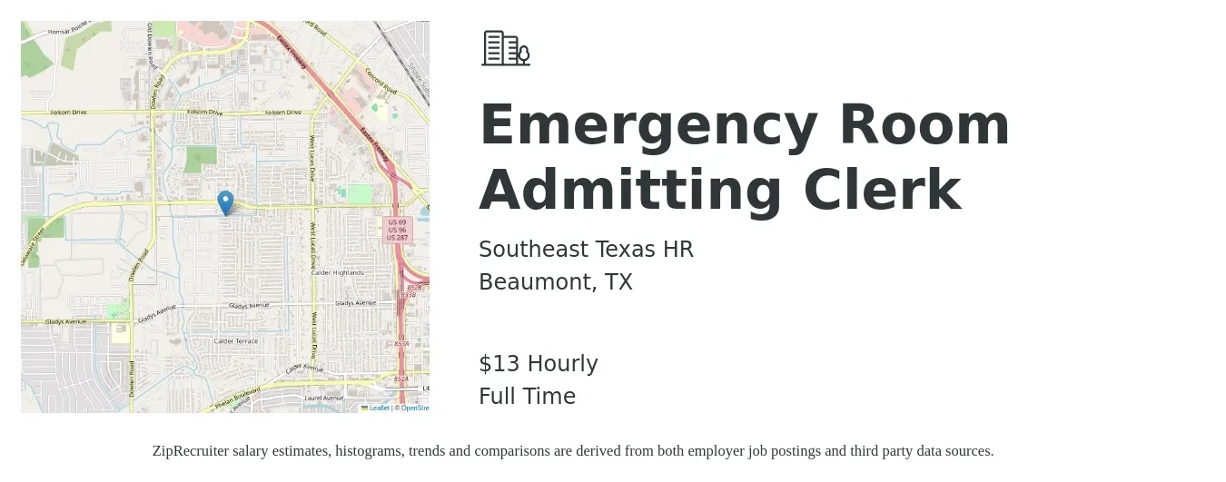 Southeast Texas HR job posting for a Emergency Room Admitting Clerk in Beaumont, TX with a salary of $14 Hourly with a map of Beaumont location.