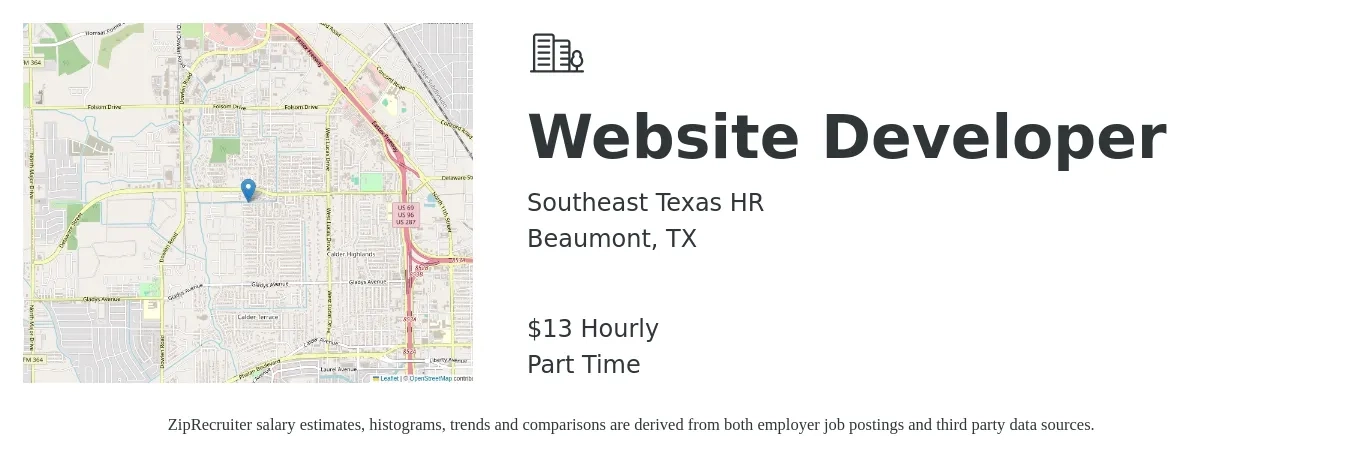 Southeast Texas HR job posting for a Website Developer in Beaumont, TX with a salary of $14 Hourly with a map of Beaumont location.