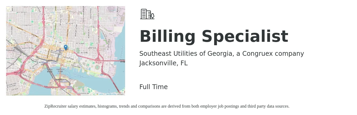 Southeast Utilities of Georgia, a Congruex company job posting for a Billing Specialist in Jacksonville, FL with a salary of $18 to $24 Hourly with a map of Jacksonville location.