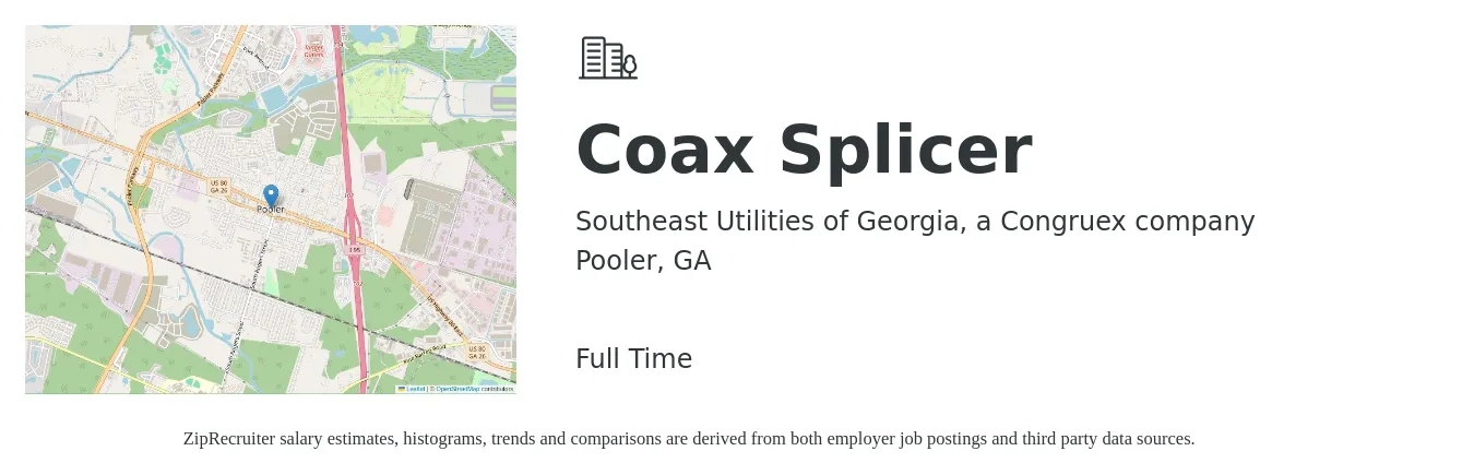 Southeast Utilities of Georgia, a Congruex company job posting for a Coax Splicer in Pooler, GA with a salary of $23 to $27 Hourly with a map of Pooler location.