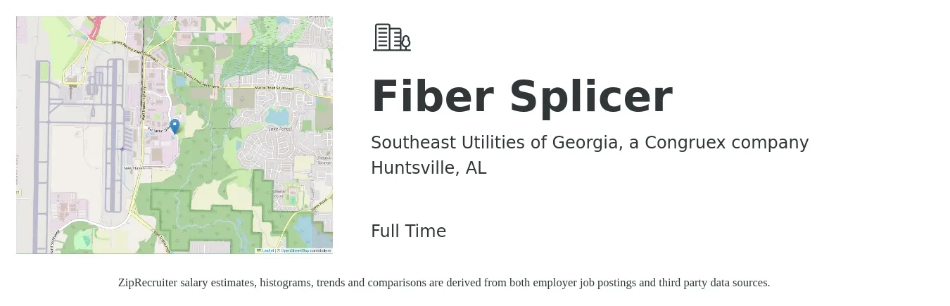Southeast Utilities of Georgia, a Congruex company job posting for a Fiber Splicer in Huntsville, AL with a salary of $22 to $26 Hourly with a map of Huntsville location.
