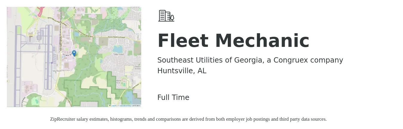 Southeast Utilities of Georgia, a Congruex company job posting for a Fleet Mechanic in Huntsville, AL with a salary of $21 to $27 Hourly with a map of Huntsville location.