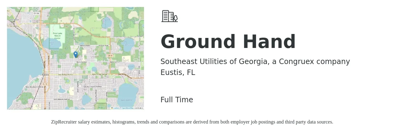 Southeast Utilities of Georgia, a Congruex company job posting for a Ground Hand in Eustis, FL with a salary of $14 to $18 Hourly with a map of Eustis location.