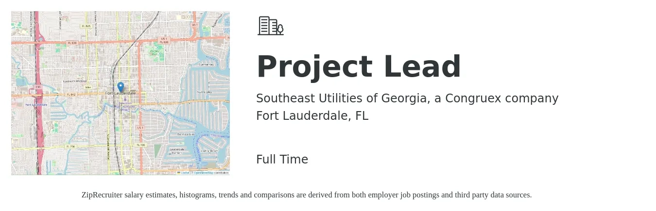 Southeast Utilities of Georgia, a Congruex company job posting for a Project Lead in Fort Lauderdale, FL with a salary of $24 to $48 Hourly with a map of Fort Lauderdale location.