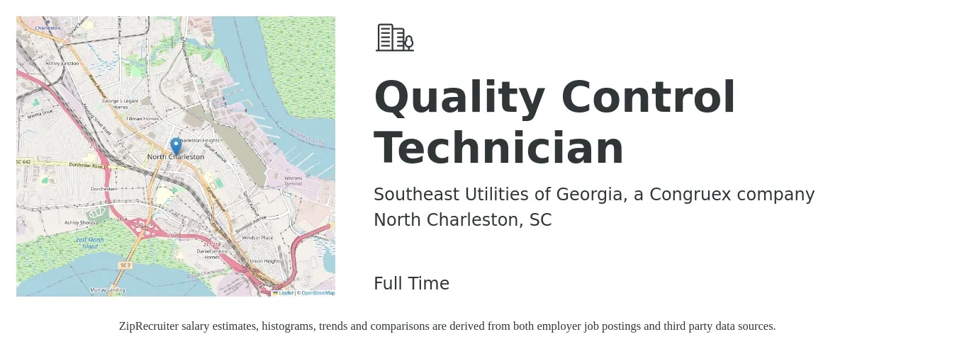 Southeast Utilities of Georgia, a Congruex company job posting for a Quality Control Technician in North Charleston, SC with a salary of $18 to $23 Hourly with a map of North Charleston location.