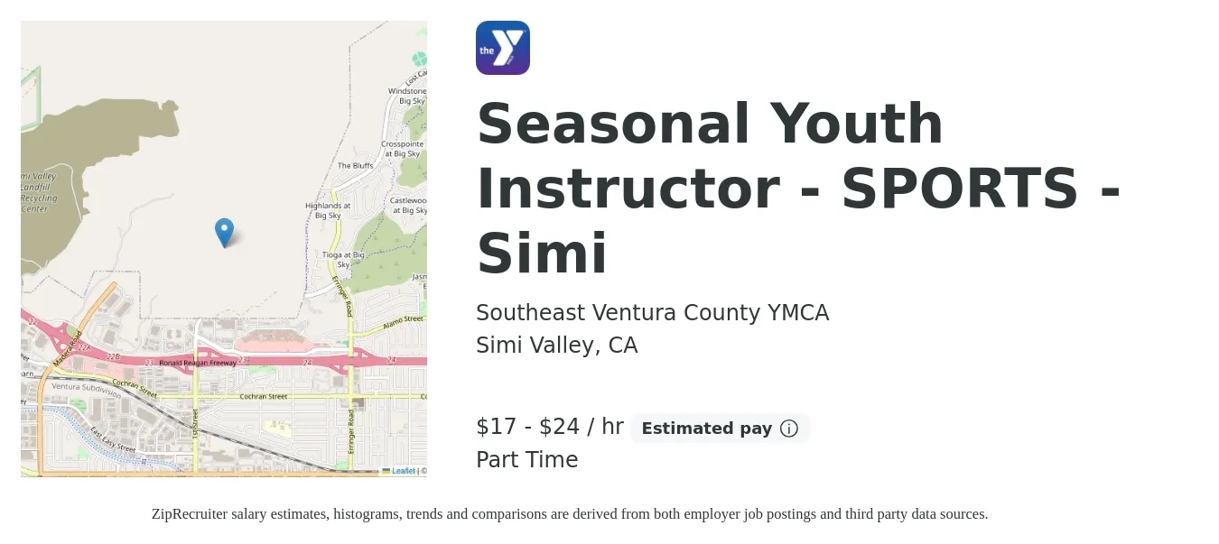 Southeast Ventura County YMCA job posting for a Seasonal Youth Instructor - SPORTS - Simi in Simi Valley, CA with a salary of $18 to $25 Hourly with a map of Simi Valley location.