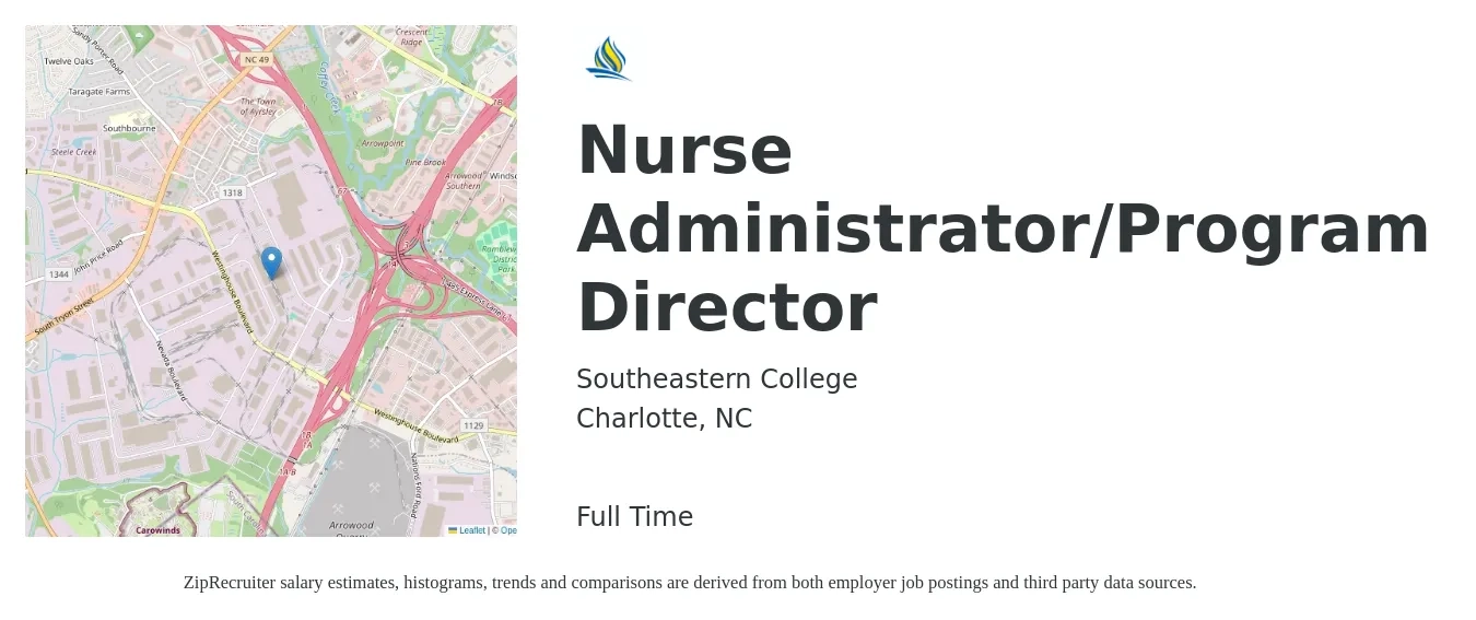 Southeastern College job posting for a Nurse Administrator/Program Director in Charlotte, NC with a salary of $65,600 to $103,200 Yearly with a map of Charlotte location.