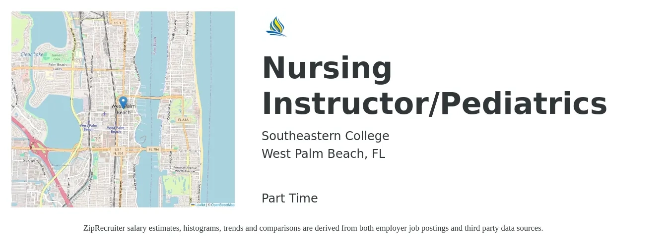 Southeastern College job posting for a Nursing Instructor/Pediatrics in West Palm Beach, FL with a salary of $59,500 to $90,900 Yearly with a map of West Palm Beach location.