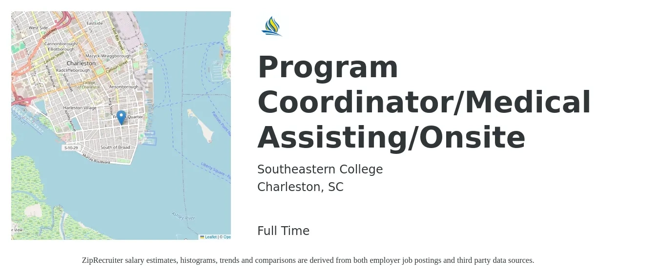 Southeastern College job posting for a Program Coordinator/Medical Assisting/Onsite in Charleston, SC with a salary of $40,100 to $59,100 Yearly with a map of Charleston location.