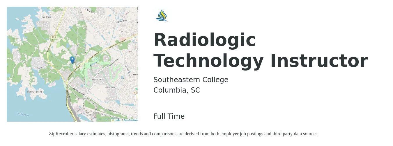 Southeastern College job posting for a Radiologic Technology Instructor in Columbia, SC with a salary of $47,200 to $67,100 Yearly with a map of Columbia location.
