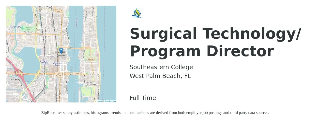 Southeastern College job posting for a Surgical Technology/ Program Director in West Palm Beach, FL with a salary of $51,300 to $89,500 Yearly with a map of West Palm Beach location.