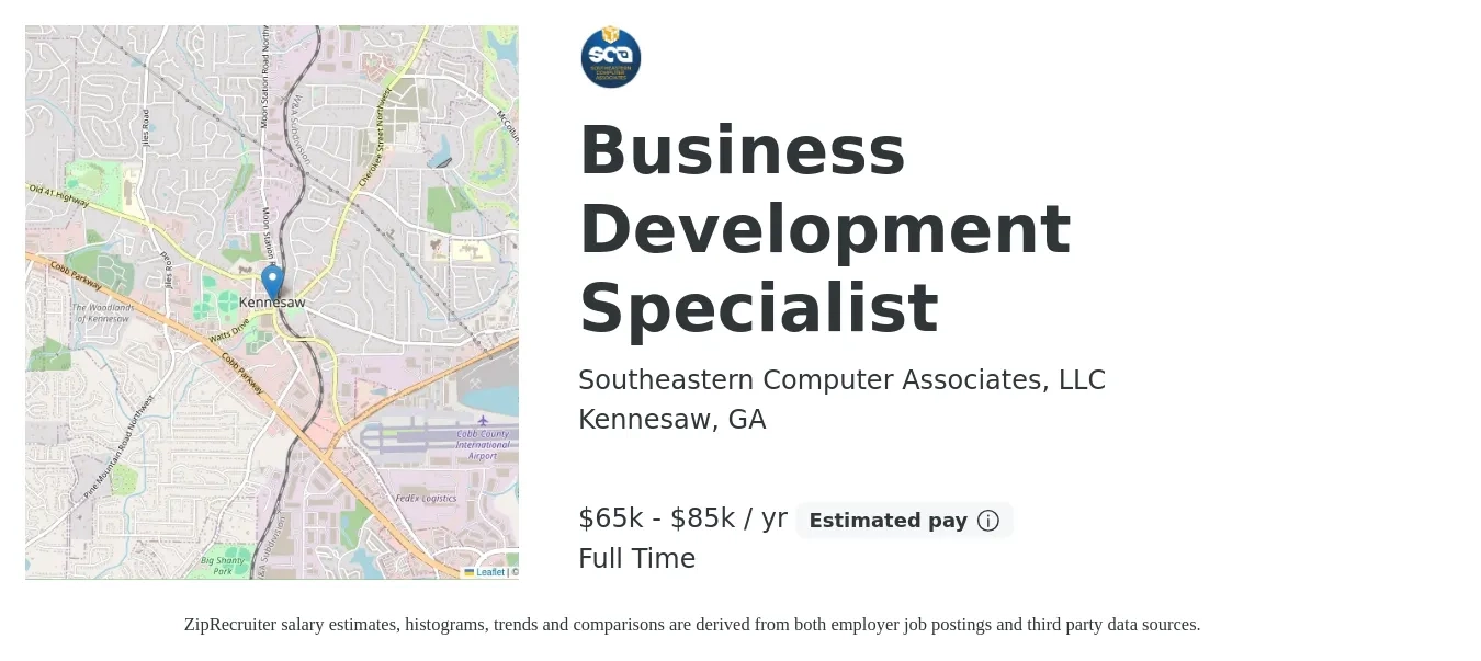 Southeastern Computer Associates, LLC job posting for a Business Development Specialist in Kennesaw, GA with a salary of $65,000 to $85,000 Yearly with a map of Kennesaw location.