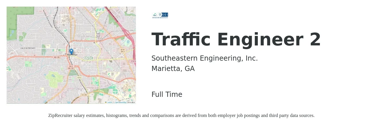 Southeastern Engineering, Inc. job posting for a Traffic Engineer 2 in Marietta, GA with a salary of $79,000 to $107,700 Yearly with a map of Marietta location.