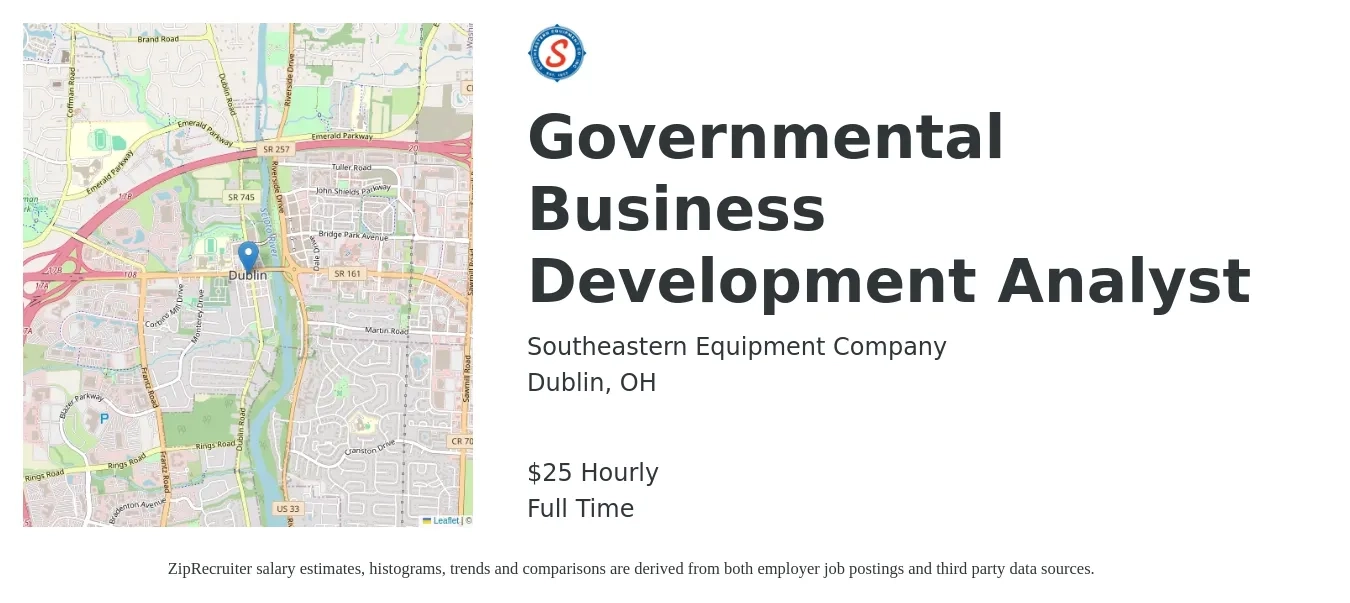 Southeastern Equipment Company job posting for a Governmental Business Development Analyst in Dublin, OH with a salary of $27 Hourly with a map of Dublin location.