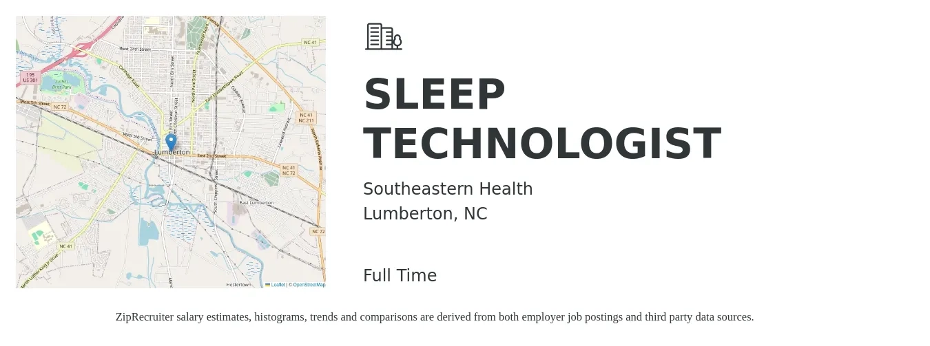 Southeastern Health job posting for a SLEEP TECHNOLOGIST in Lumberton, NC with a salary of $23 to $31 Hourly with a map of Lumberton location.