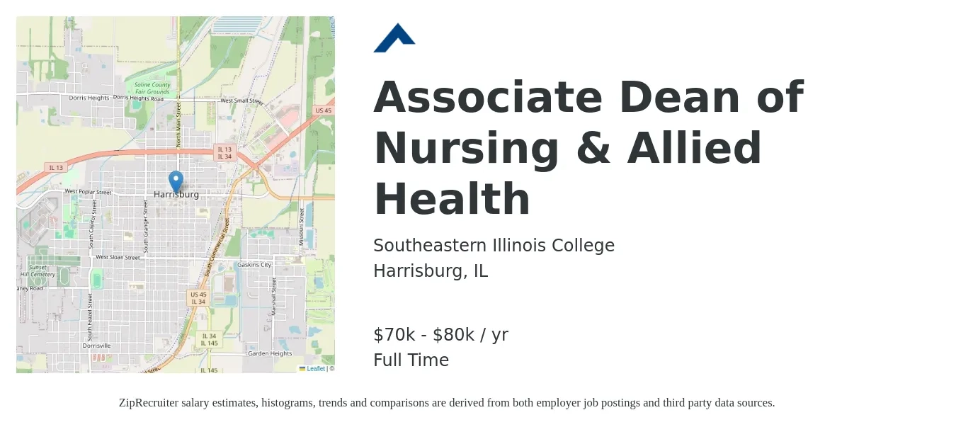 Southeastern Illinois College job posting for a Associate Dean of Nursing & Allied Health in Harrisburg, IL with a salary of $70,000 to $80,000 Yearly with a map of Harrisburg location.