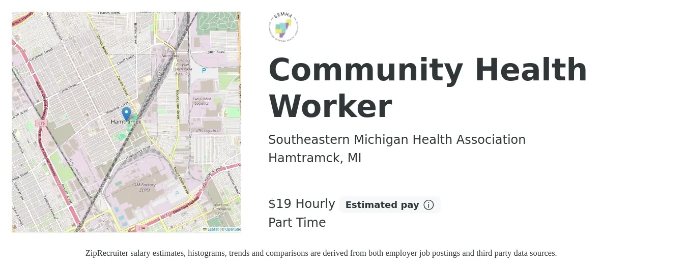 Southeastern Michigan Health Association job posting for a Community Health Worker in Hamtramck, MI with a salary of $20 Hourly with a map of Hamtramck location.