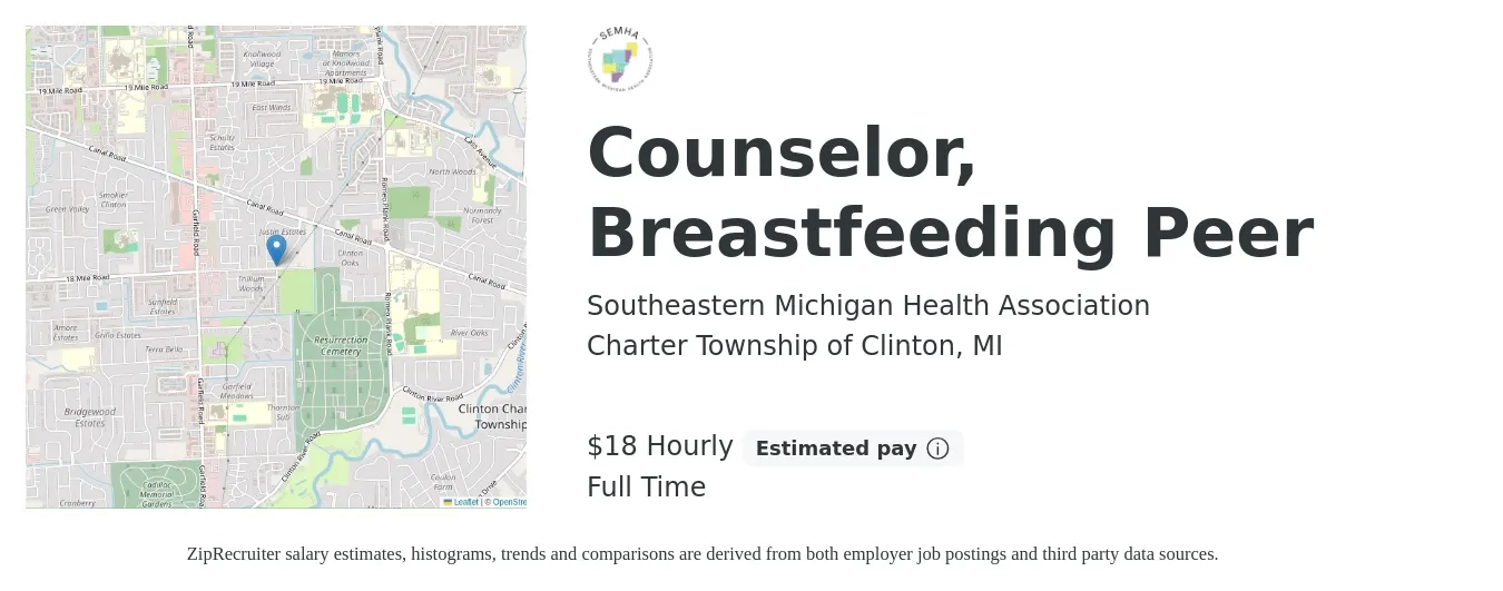 Southeastern Michigan Health Association job posting for a Counselor, Breastfeeding Peer in Charter Township of Clinton, MI with a salary of $19 Hourly with a map of Charter Township of Clinton location.