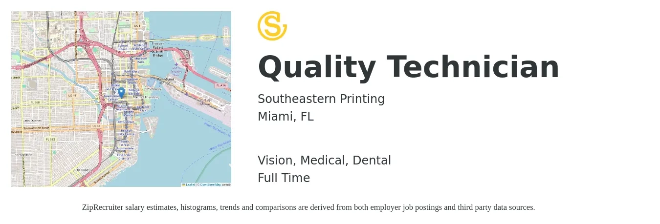 Southeastern Printing job posting for a Quality Technician in Miami, FL with a salary of $17 to $23 Hourly and benefits including dental, life_insurance, medical, pto, retirement, and vision with a map of Miami location.