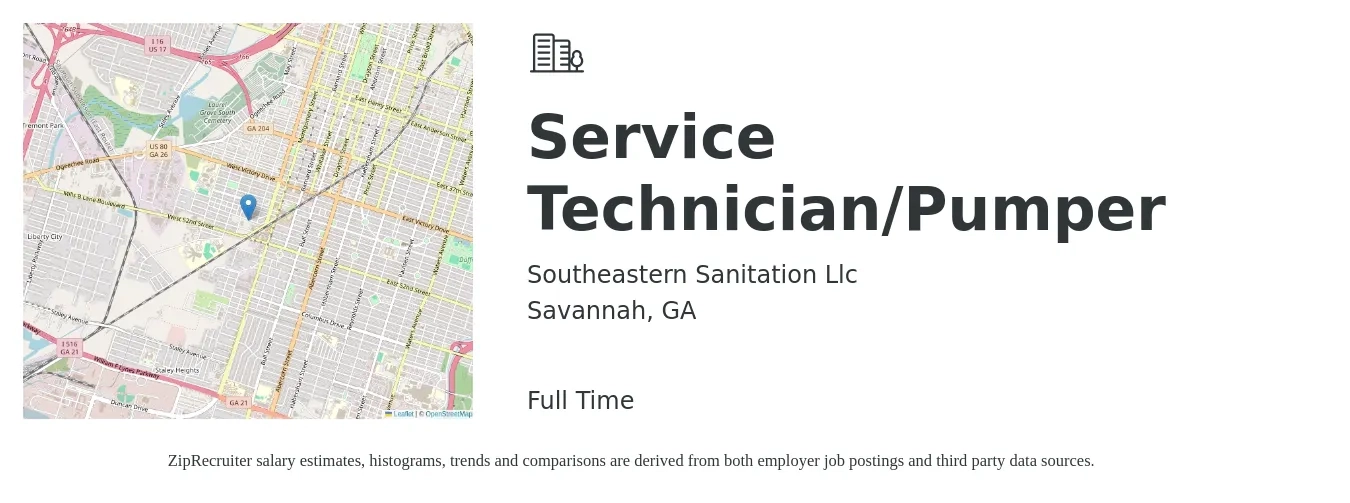 Southeastern Sanitation Llc job posting for a Service Technician/Pumper in Savannah, GA with a salary of $19 to $28 Hourly and benefits including pto, and retirement with a map of Savannah location.