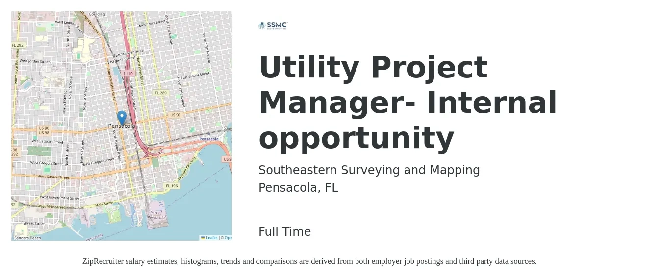 Southeastern Surveying and Mapping job posting for a Utility Project Manager- Internal opportunity in Pensacola, FL with a salary of $68,100 to $106,800 Yearly with a map of Pensacola location.