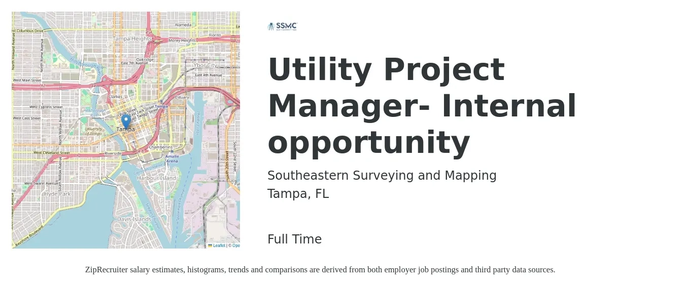 Southeastern Surveying and Mapping job posting for a Utility Project Manager- Internal opportunity in Tampa, FL with a salary of $74,200 to $116,200 Yearly with a map of Tampa location.