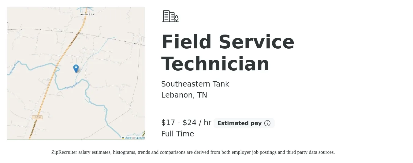 Southeastern Tank job posting for a Field Service Technician in Lebanon, TN with a salary of $18 to $25 Hourly with a map of Lebanon location.