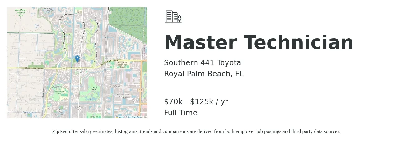 Southern 441 Toyota job posting for a Master Technician in Royal Palm Beach, FL with a salary of $70,000 to $125,000 Yearly with a map of Royal Palm Beach location.
