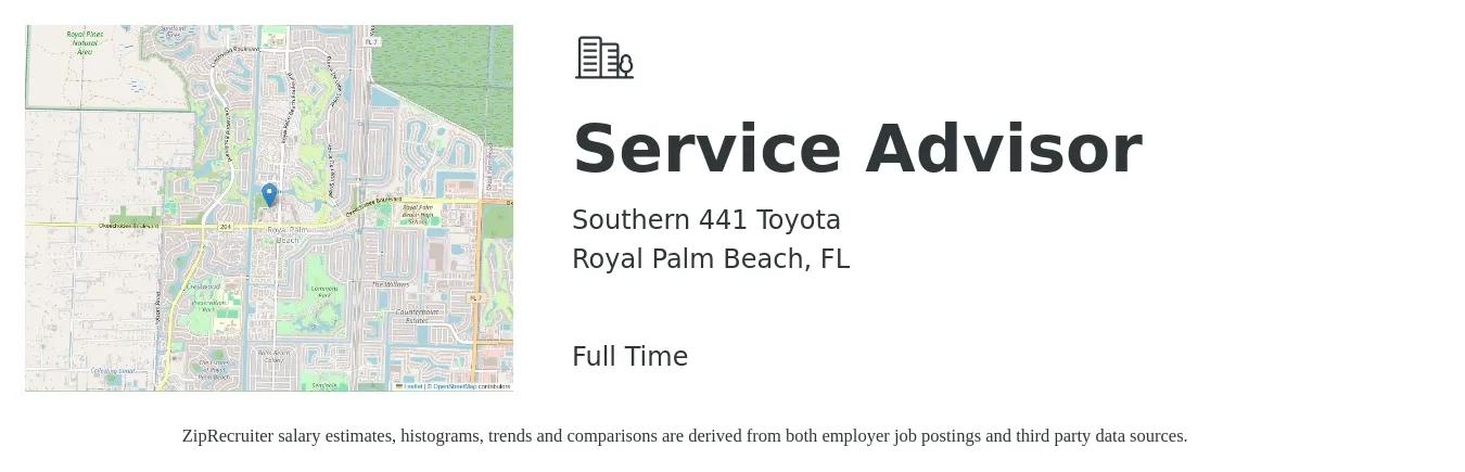Southern 441 Toyota job posting for a Service Advisor in Royal Palm Beach, FL with a salary of $18 to $29 Hourly with a map of Royal Palm Beach location.