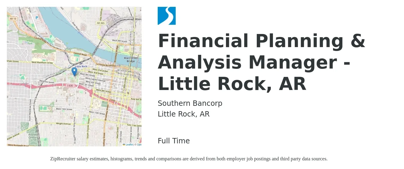 Southern Bancorp job posting for a Financial Planning & Analysis Manager - Little Rock, AR in Little Rock, AR with a salary of $86,500 to $113,500 Yearly with a map of Little Rock location.